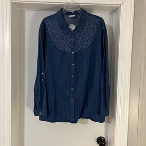 Bedford Fair NEW womens top blouse blue embroidered long sleeve 100% cotton 2X